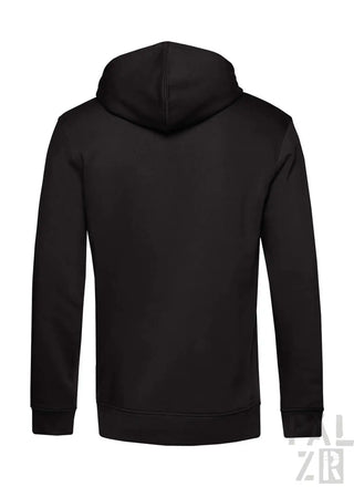 Schwarzer Hoodie mit Kapuze und langen Ärmeln, aus Baumwolle oder Polyester-Mischung.