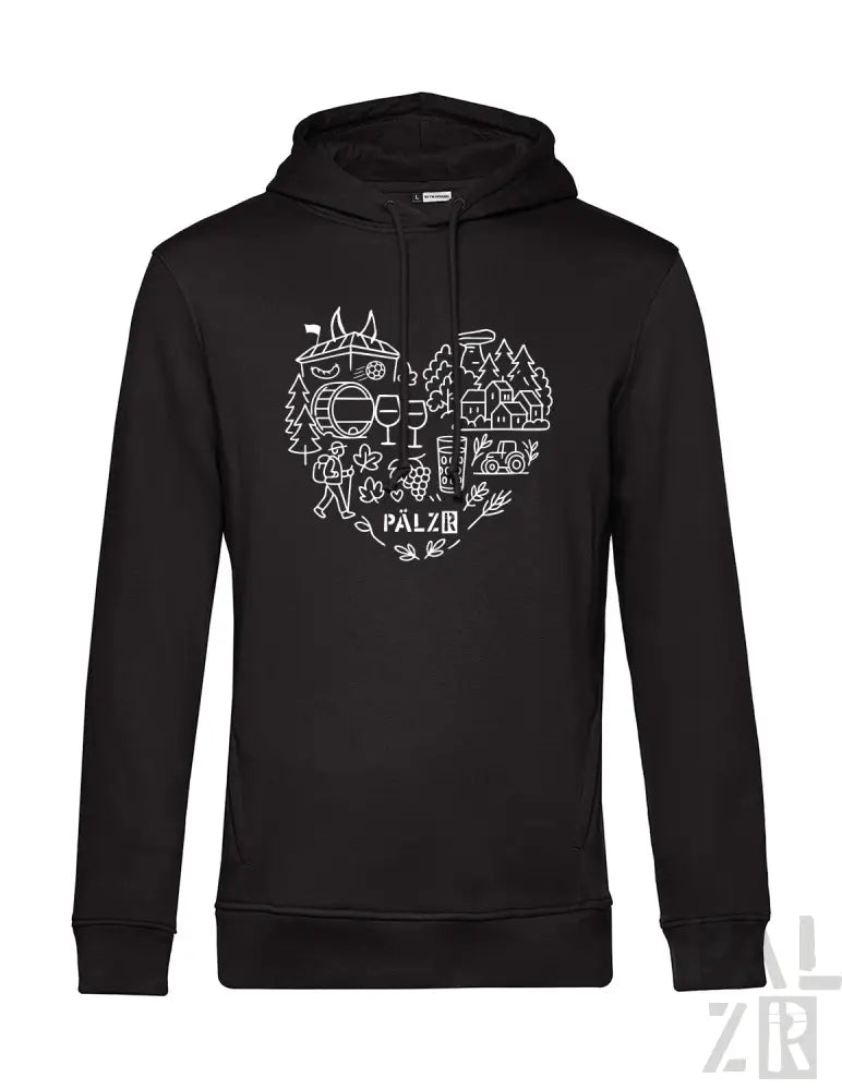 Schwarzes Hoodie mit weißem Herz-Design, das Totoro und andere Studio-Ghibli-Figuren zeigt.