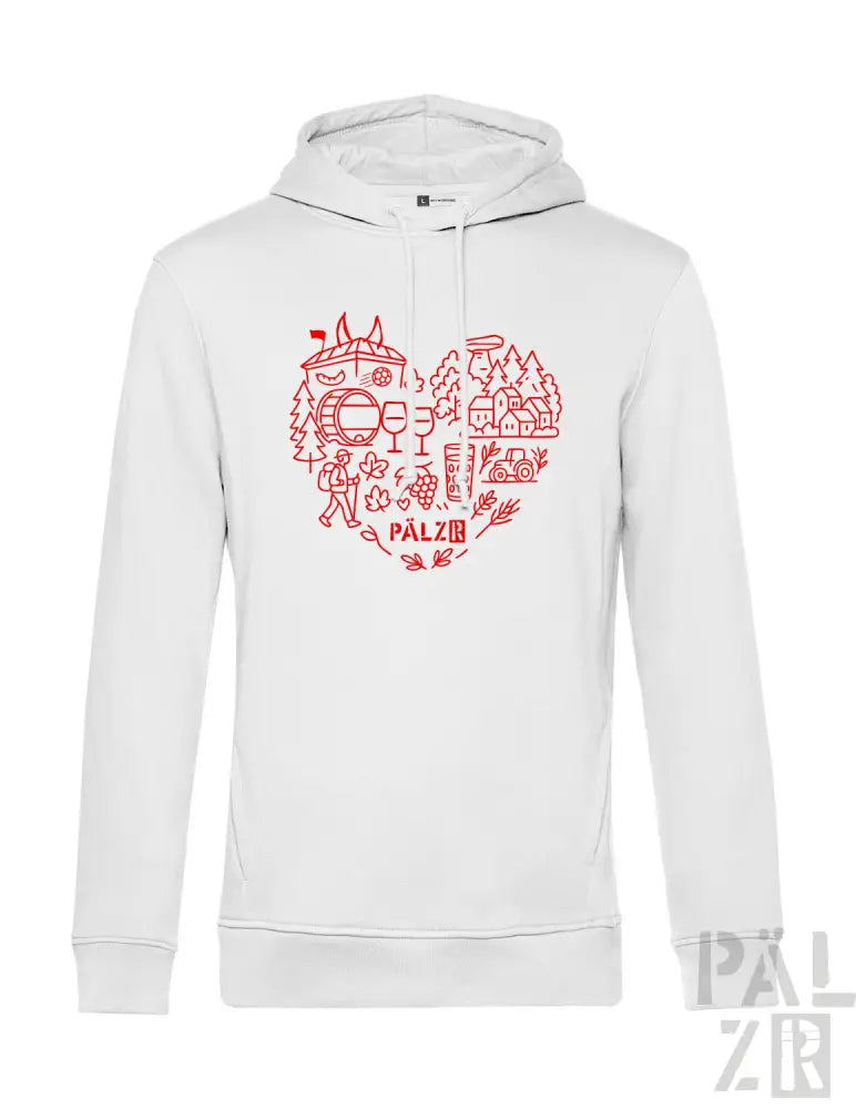 Weiße Hoodie mit rotem Herz-Design, das verschiedene Szenen und Charaktere zeigt, wahrscheinlich aus einer beliebten animierten Filmreihe.