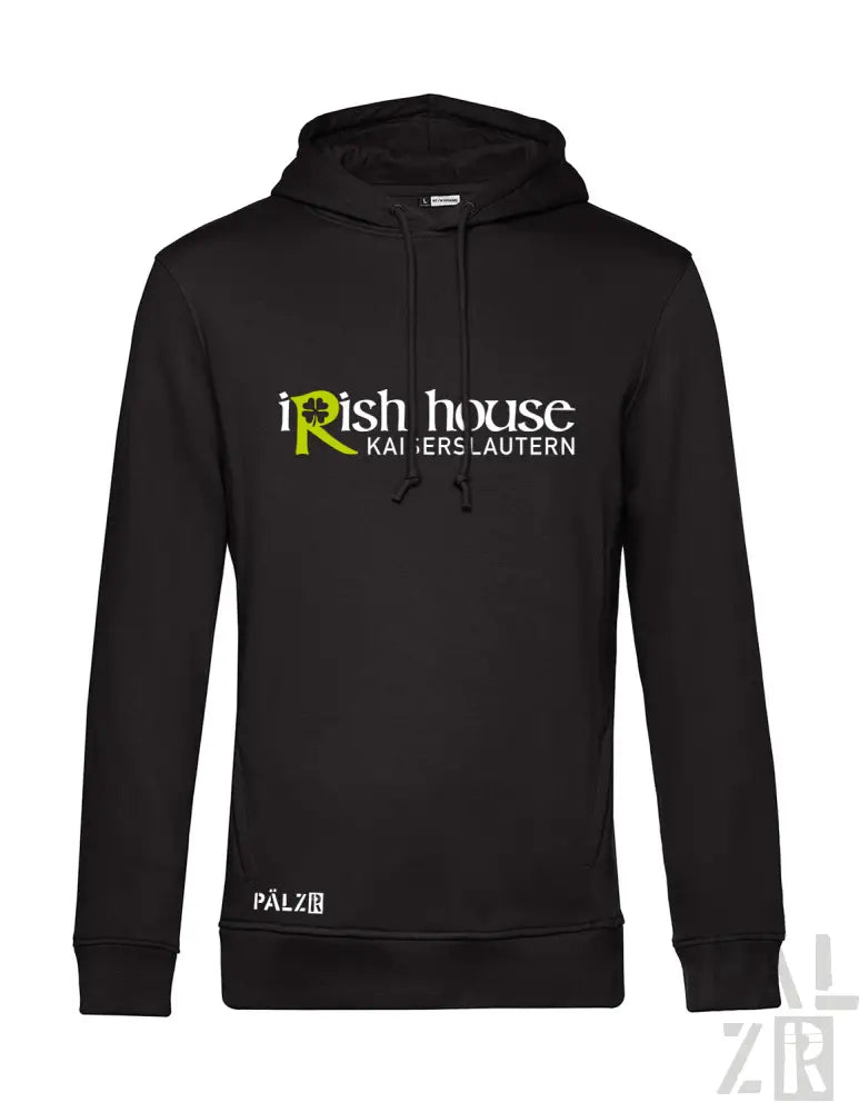 Schwarze Hoodie mit ’irish house kaiserslautern’ Logo und ’palzb’ Text auf dem Ärmel.