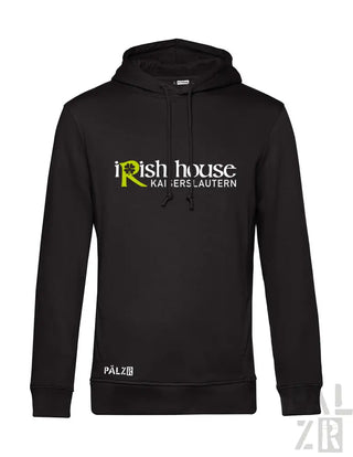 Schwarze Hoodie mit ’irish house kaiserslautern’ Logo und ’palzb’ Text auf dem Ärmel.