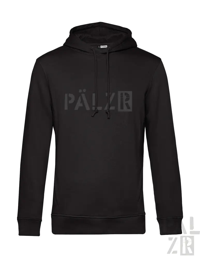 Schwarzer Hoodie mit weißem ’pälzr’-Logo auf der Vorderseite, aus Fleece-Material gefertigt.