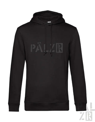 Schwarzer Hoodie mit weißem ’pälzr’-Logo auf der Vorderseite, aus Fleece-Material gefertigt.