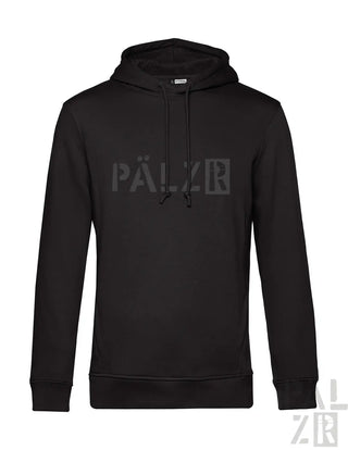 Schwarzer Hoodie mit weißem ’pälzr’-Logo auf der Vorderseite, aus Fleece-Material gefertigt.