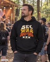 Schwarzer männer hoodie mit bold sex woi und rock n roll grafik in weiß gelb und orange auf der brust