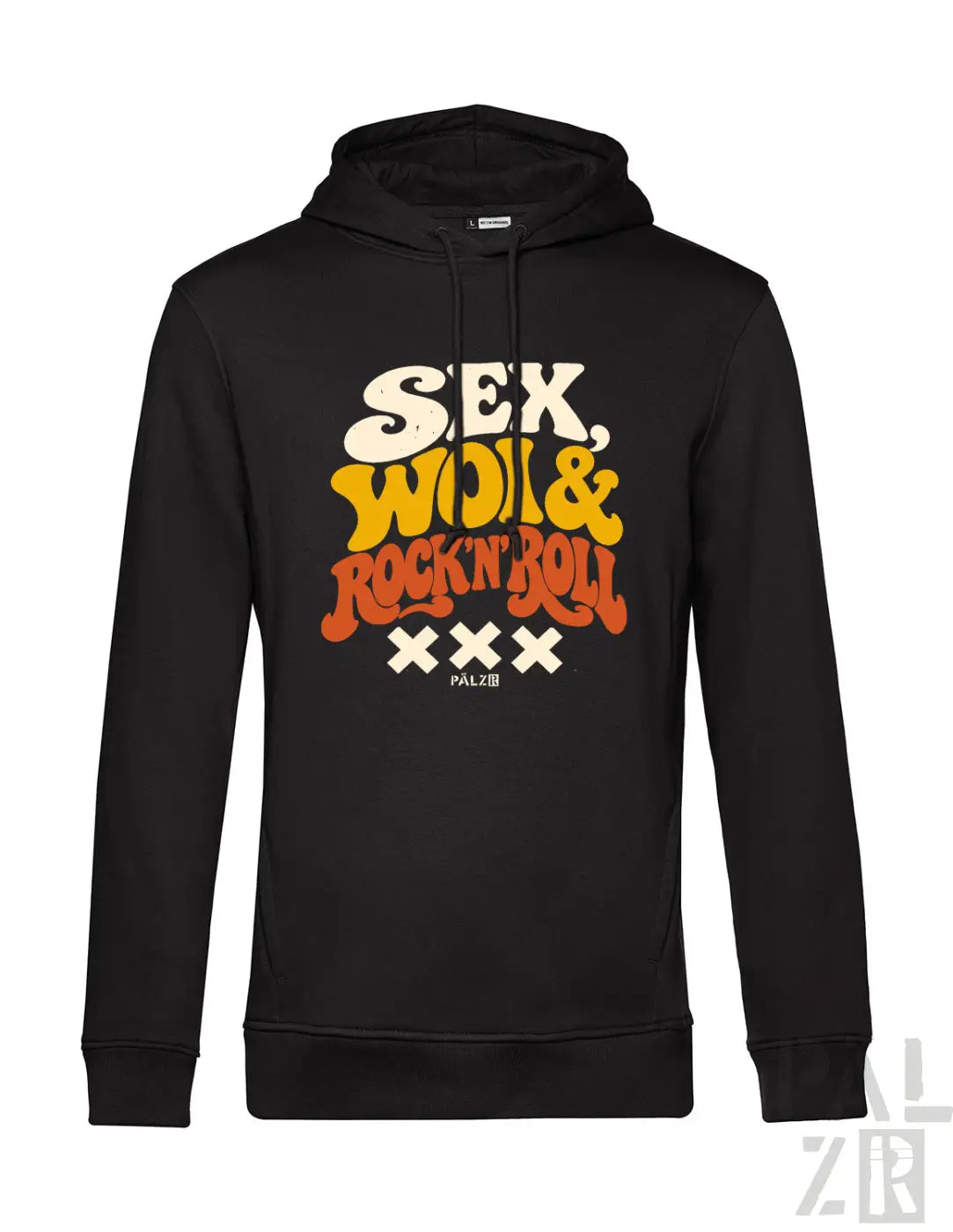 Schwarzer palzib hoodie mit auffälligem retro-style sex grafik im männer hoodie sex woi und rock n roll design