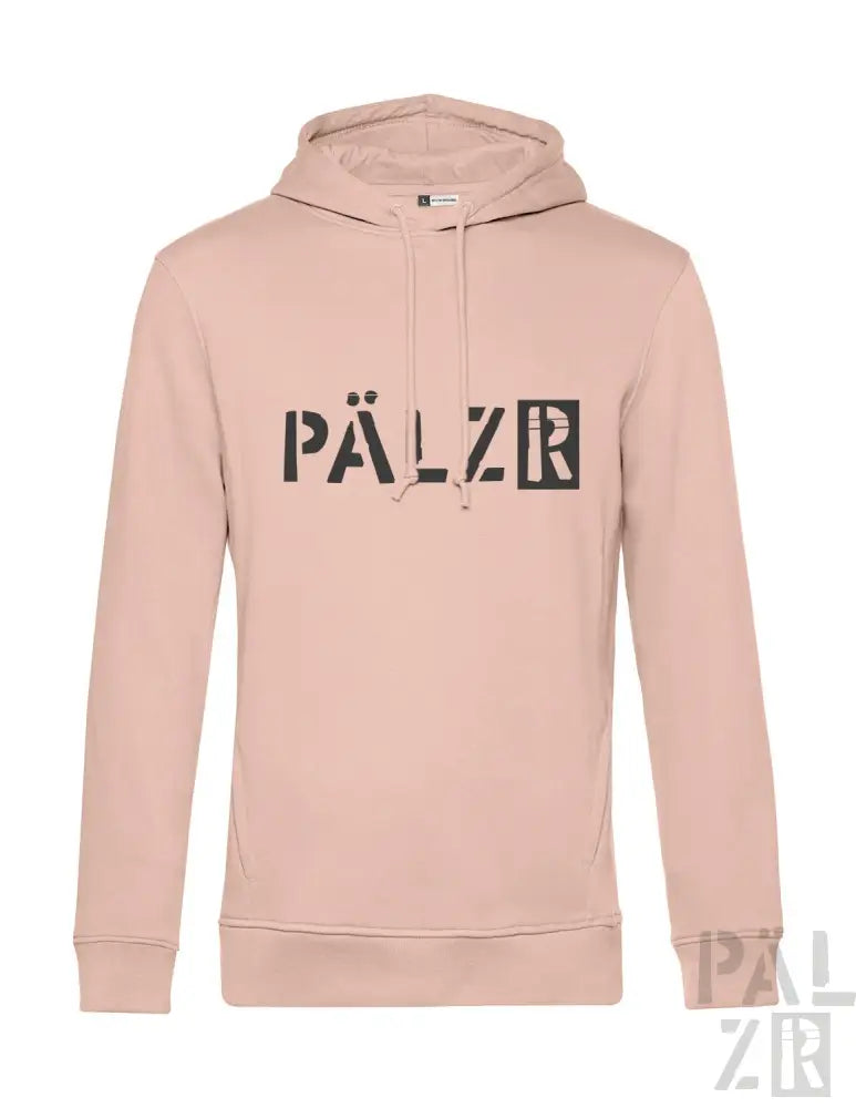 Hellrosa Hoodie mit ’pälzr’ Logo in Schwarz, aus weichem Baumwollstoff.