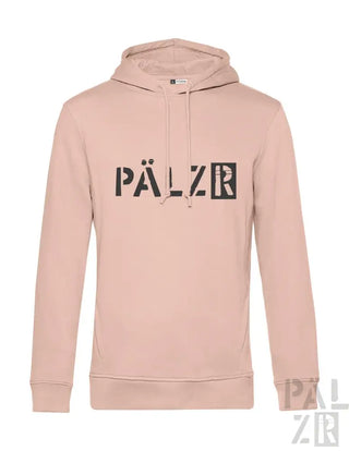 Hellrosa Hoodie mit ’pälzr’ Logo in Schwarz, aus weichem Baumwollstoff.