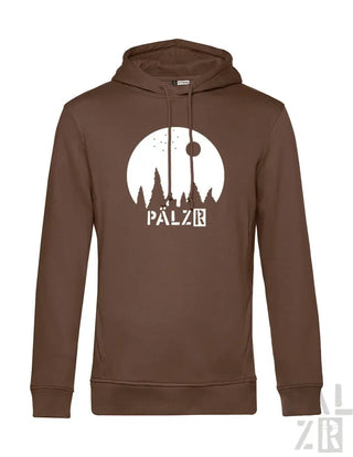 Braune Kapuzenjacke mit weißem Grafikdesign, das eine Silhouette des Eiffelturms und den Text „palzr“ auf einem kreisförmigen Hintergrund zeigt.
