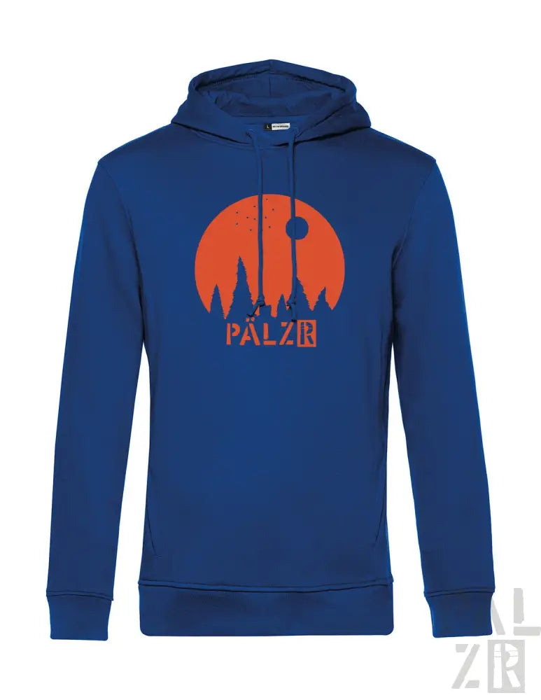 Königsblaue Hoodie mit orange- und weißem Grafikdesign, das eine stilisiertes Stadtbild, den Text ’palzr’ und ein kreisförmiges Element zeigt.