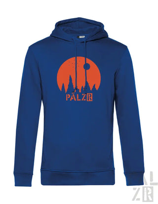 Königsblaue Hoodie mit orange- und weißem Grafikdesign, das eine stilisiertes Stadtbild, den Text ’palzr’ und ein kreisförmiges Element zeigt.