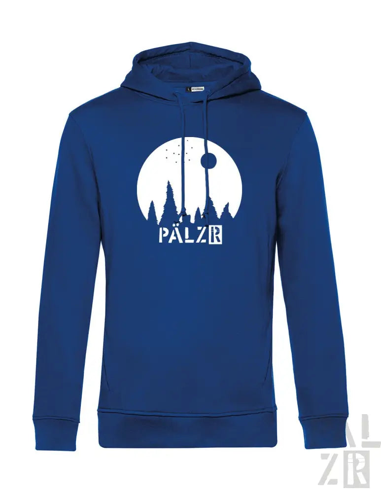 Königsblaue Kapuzenjacke mit weißem Grafikdesign, das die Silhouette einer Burg und das Wort ’palzr’ in fetten Buchstaben zeigt.