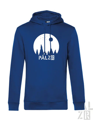 Königsblaue Kapuzenjacke mit weißem Grafikdesign, das die Silhouette einer Burg und das Wort ’palzr’ in fetten Buchstaben zeigt.