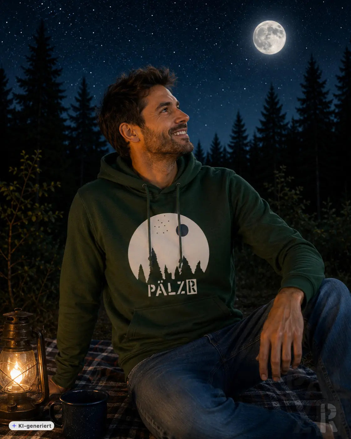 Dunkelgrüner männer hoodie sternegugger mit weißem kreislogo und pälz schriftzug vorne
