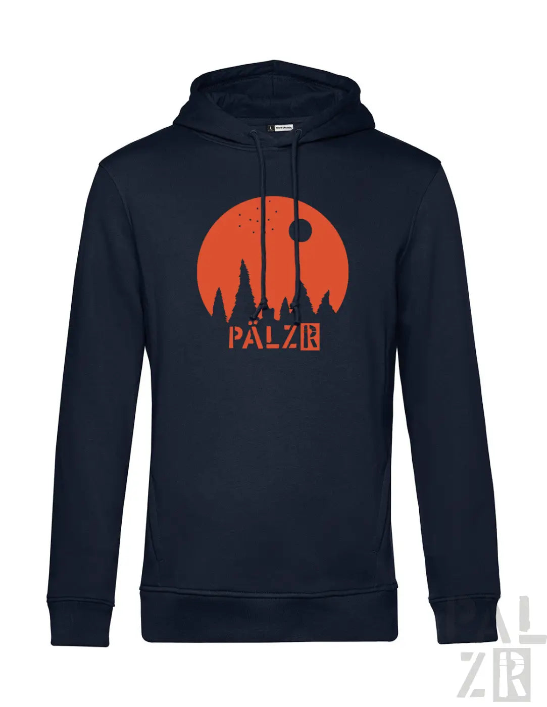 Männer hoodie sternegugger blau mit orange rundem grafiklogo pälzr und weißen logo vorne