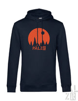 Männer hoodie sternegugger blau mit orange rundem grafiklogo pälzr und weißen logo vorne
