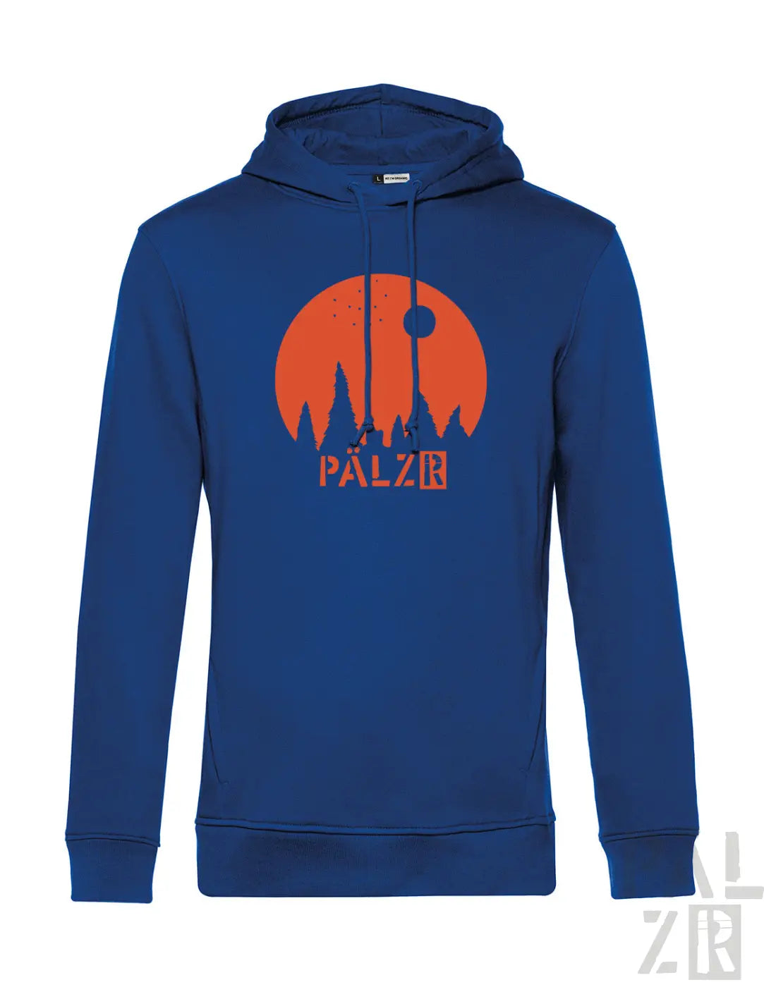 Männer hoodie sternegugger in royalblau mit auffälligem orangenem bergmotiv und pälzr logo in weiß vorne