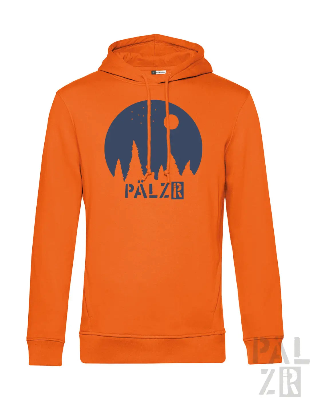 Männer hoodie in orange mit blauem kreislogo sternegugger featuring bäume mond sterne und pälz schriftzug