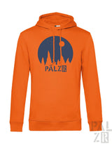 Männer hoodie in orange mit blauem kreislogo sternegugger featuring bäume mond sterne und pälz schriftzug