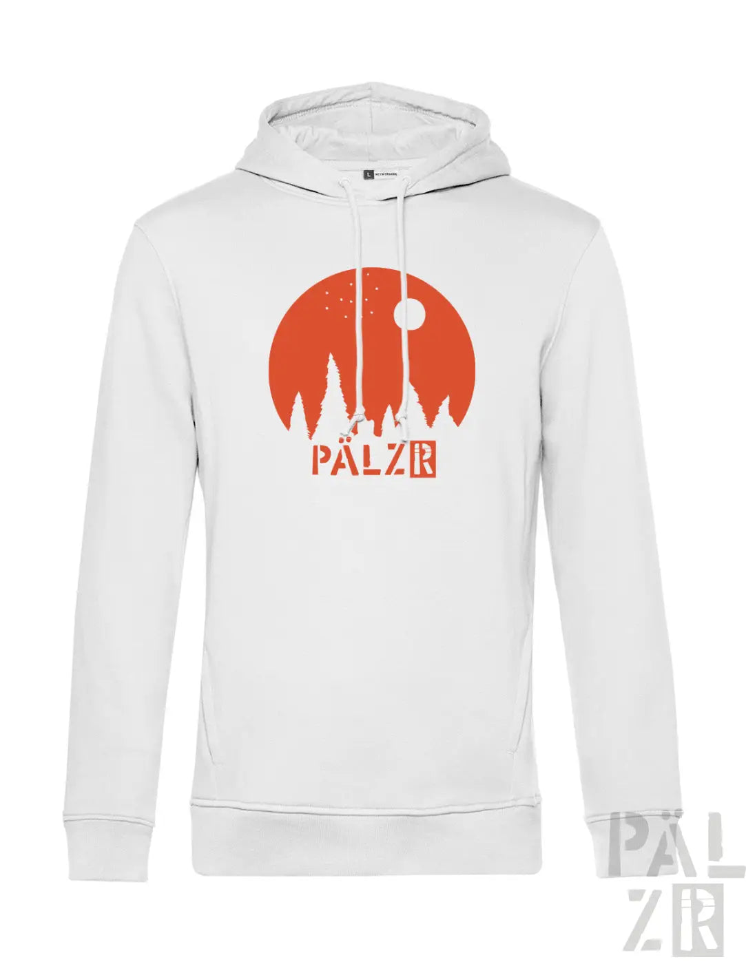 Weißes männer hoodie sternegugger mit orange rundem baum-silhouette-logo und pälzr-print vorne