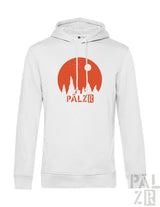 Weißes männer hoodie sternegugger mit orange rundem baum-silhouette-logo und pälzr-print vorne