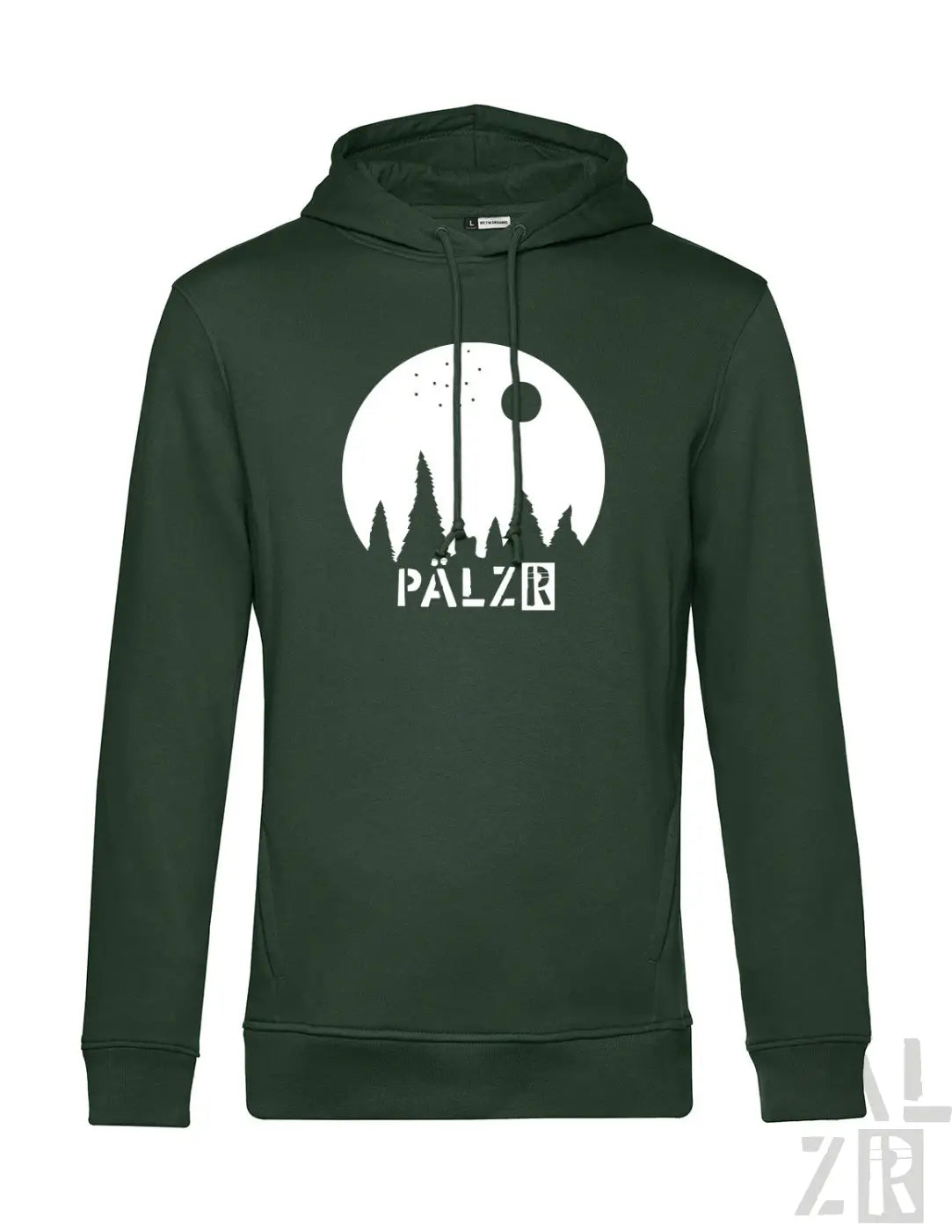 Männer hoodie dunkelgrün mit weißem sternegugger logo und pälzr text für outdoor und freizeit