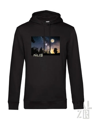 Schwarzer Hoodie mit Nachthimmel-Grafik und ’pälz’-Logo.