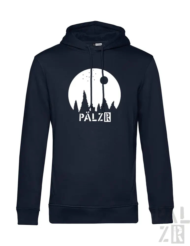 Marineblaues Hoodie mit weißem Grafikdesign, das eine Silhouette des Eiffelturms und den Text ’palzr’ zeigt.