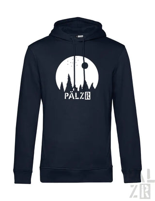 Marineblaues Hoodie mit weißem Grafikdesign, das eine Silhouette des Eiffelturms und den Text ’palzr’ zeigt.