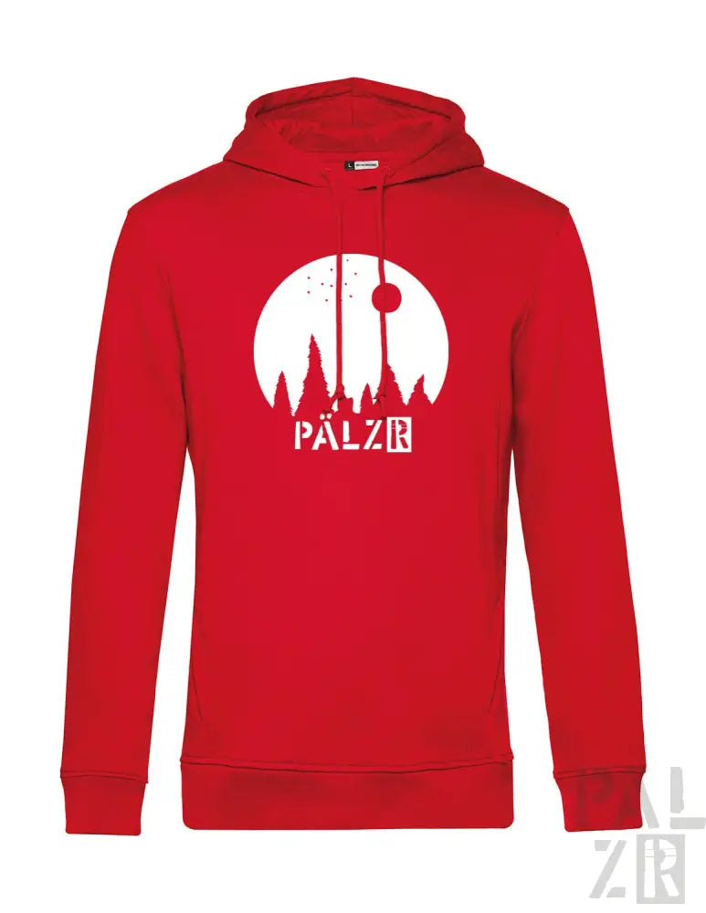 Rotes Hoodie mit weißem Stadtbild-Design und ’palz’-Text.
