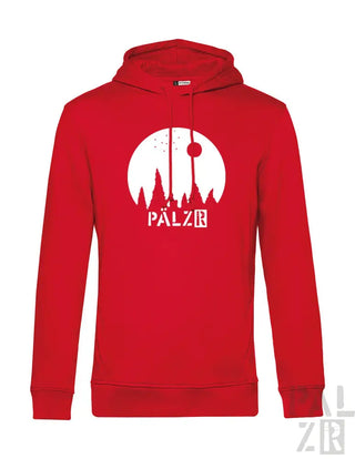 Rotes Hoodie mit weißem Stadtbild-Design und ’palz’-Text.