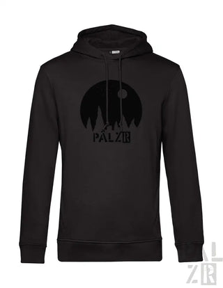 Schwarzer Hoodie mit ’palzib’-Grafik und Burgruinen-Silhouettendesign.