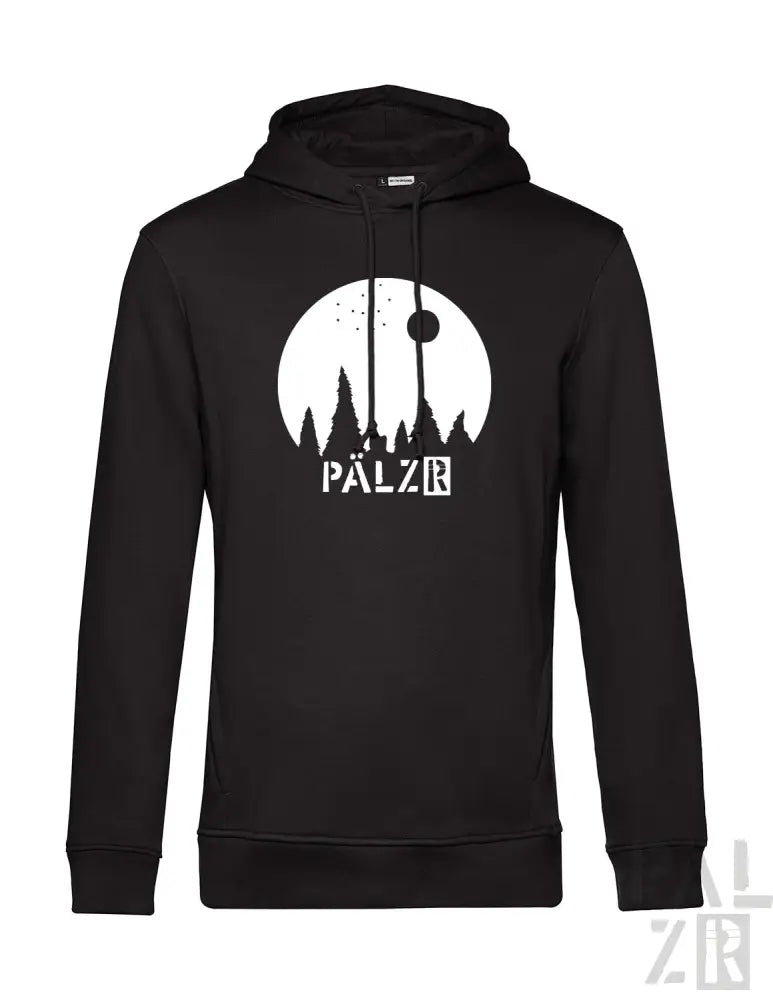 Schwarze Kapuzenjacke mit weißem Grafikdesign, das einen Turm und Bäume zeigt, ’palzr’ Logo.