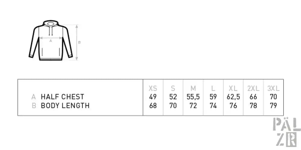 Schwarze Kapuzenjacke mit Kapuze und Kordelzügen, Größentabelle zur Orientierung beigefügt.