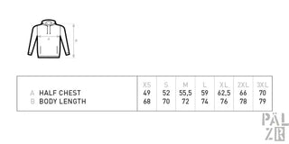 Schwarze Kapuzenjacke mit Kapuze und Kordelzügen, Größentabelle zur Orientierung beigefügt.