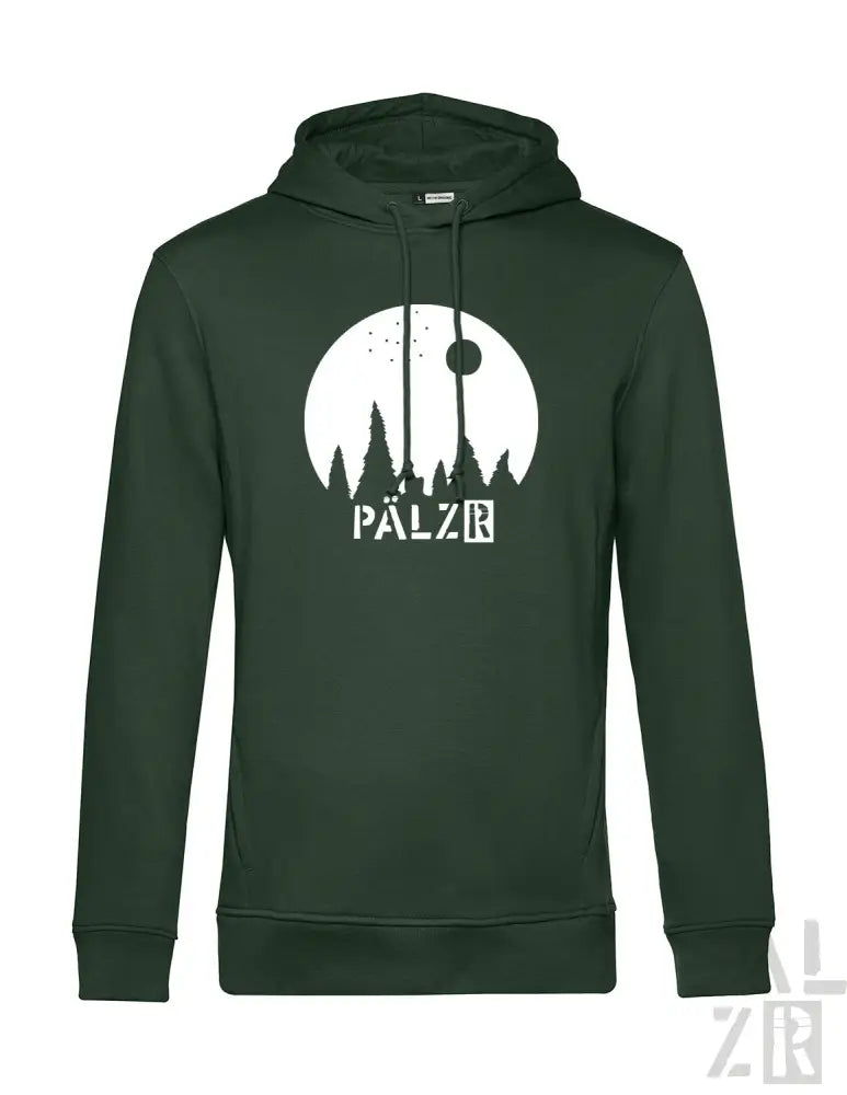 Dunkelgrüner Hoodie mit weißem Grafikdesign, das eine Waldsilhouette und das Wort ’palzr’ in fetten Buchstaben zeigt.