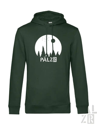 Dunkelgrüner Hoodie mit weißem Grafikdesign, das eine Waldsilhouette und das Wort ’palzr’ in fetten Buchstaben zeigt.