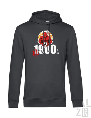 1900 Palermo Hoodie mit rot-weißem Grafikdesign, schwarzes Material.