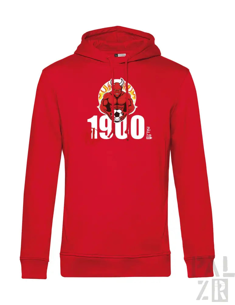 Rotes Hoodie mit Marvel-Logo und grafischem Design, das eine Figur zeigt, die einen Fußball hält, aus Baumwollmischung.