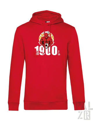 Rotes Hoodie mit Marvel-Logo und grafischem Design, das eine Figur zeigt, die einen Fußball hält, aus Baumwollmischung.