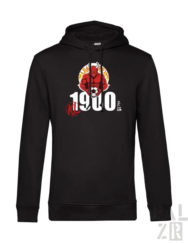 Schwarze Kapuzenjacke aus dem Jahr 1900 mit rot-weißem Grafikdesign.