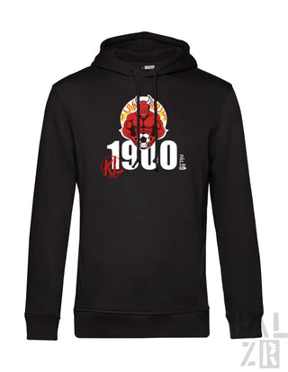 Schwarze Kapuzenjacke aus dem Jahr 1900 mit rot-weißem Grafikdesign.