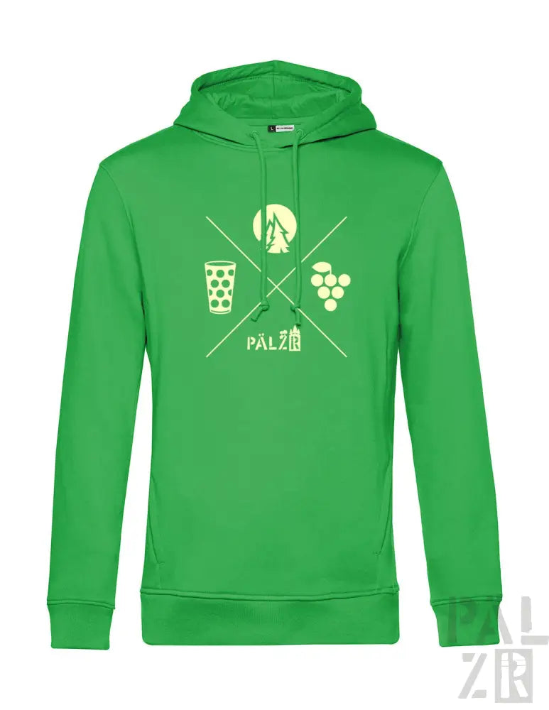 Grüner Hoodie mit weißem Grafikdesign, das ein Bierglas, Trauben und Flaschenverschluss-Logo einer Weinflasche zeigt.
