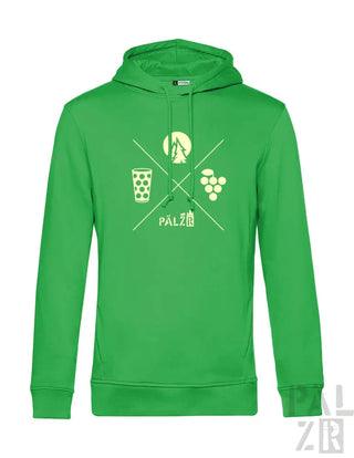 Grüner Hoodie mit weißem Grafikdesign, das ein Bierglas, Trauben und Flaschenverschluss-Logo einer Weinflasche zeigt.