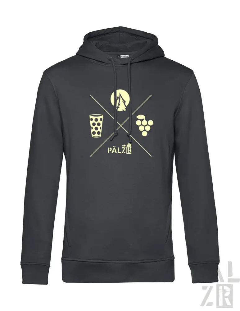 Anthrazitgrauer Hoodie mit weißem und gelbem Design, das ein Glas Bier, Trauben, Silhouette einer Weinflasche und den Text ’palz’ zeigt.