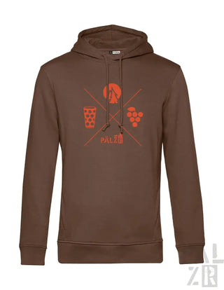 Brauner Hoodie mit rotwein-thematischem Design mit Glas, Trauben und Fass.