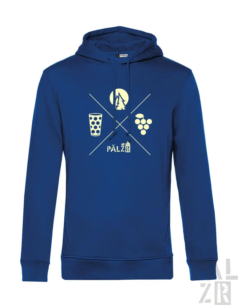 Königsblaues Hoodie mit Grafikdesign, das ein Bierglas, Weintrauben und die Silhouette einer Person in einer mondbeschienenen Szene zeigt.