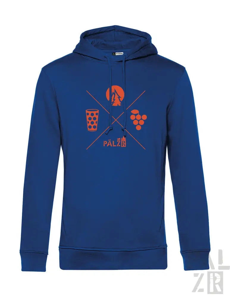 Königsblaues Hoodie mit orange- und weißem Design, das ein Weinglas, Trauben und das Wort ‚palz‘ in fetten Buchstaben zeigt.
