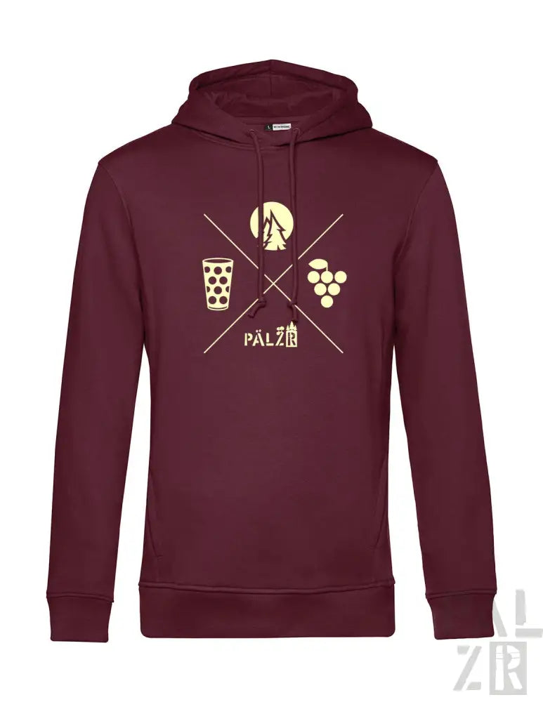 Bordeaux-Hoodie mit Weinglas, Trauben und Palzö-Logo-Design