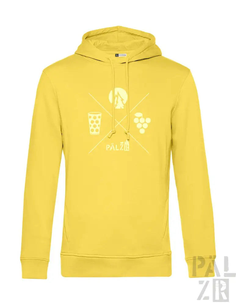 Gelbes Hoodie mit weinthematischem Design, das ein Glas Rotwein, Trauben und einen Korkenzieher zeigt.